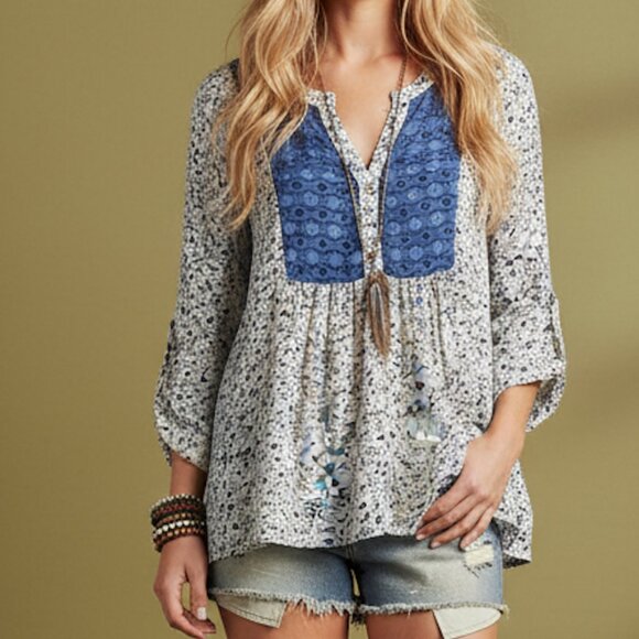 Joe Boxer Top Peasant Style Floral 3/4 Sleeve 100% Rayon Cottage Core Blue Multi - Picture 1 of 11